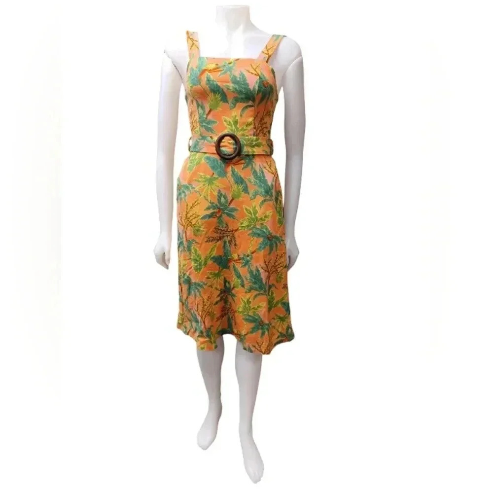 Monteau NWT Midi Coral and Green Sleeveless Linen Blend Dress Size Small